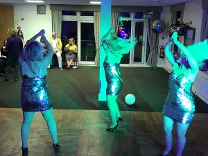 The Glitterbombs performing in front of the Retro Roadshow at Dave's party at Brampton Park Golf club