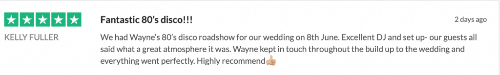 5* Trustpilot from Kelly about her wedding reception entertainment