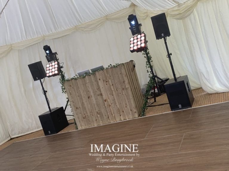 Rustic disco setup in a marquee setting