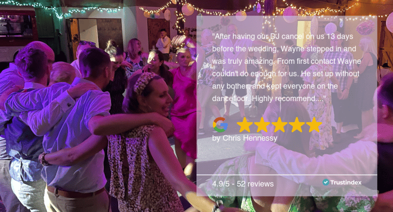 Help! My wedding DJ has cancelled on me! 2 Customer review from Chris and Emily about their evening reception at Burleigh Hill Farm Barn